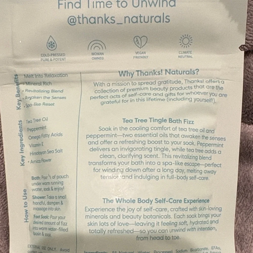 Thanks Naturals Tea Tree Tingle Bath Fizz 4oz 100% Natural and Vegan